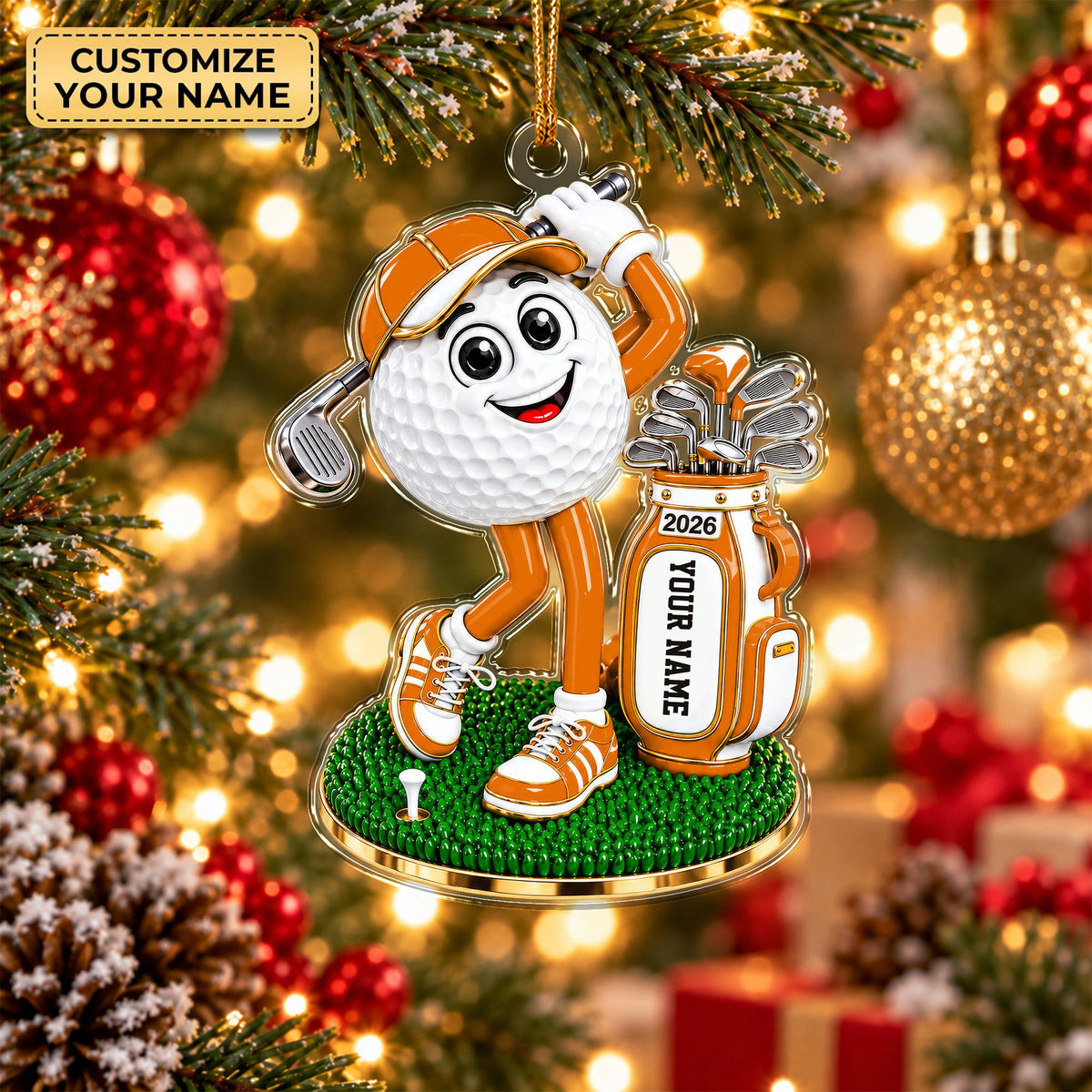 Custom Name Orange Golf Ball Mascot Acrylic Ornament, Christmas Gifts, Golfer Gifts