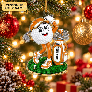 Custom Name Orange Golf Ball Mascot Acrylic Ornament, Christmas Gifts, Golfer Gifts