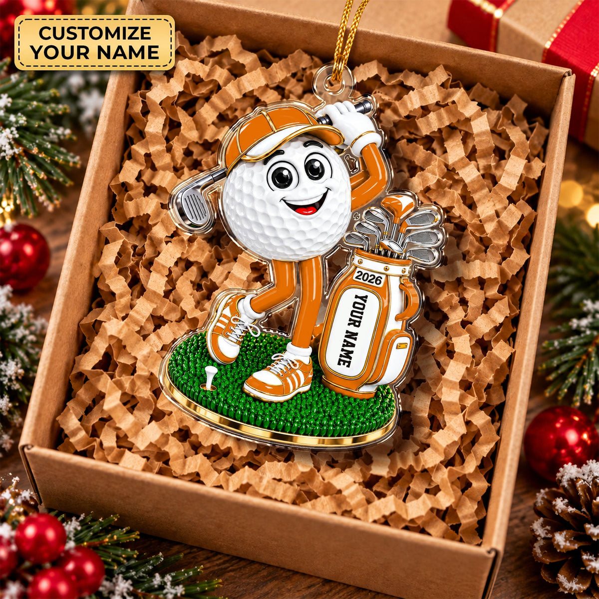 Custom Name Orange Golf Ball Mascot Acrylic Ornament, Christmas Gifts, Golfer Gifts