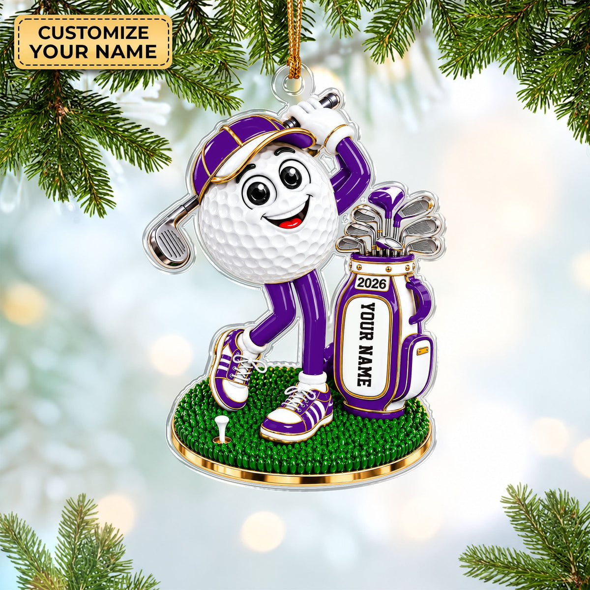 Custom Name Purple Golf Ball Mascot Acrylic Ornament, Christmas Gifts, Golfer Gifts