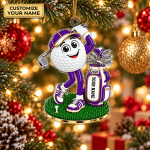 Custom Name Purple Golf Ball Mascot Acrylic Ornament, Christmas Gifts, Golfer Gifts