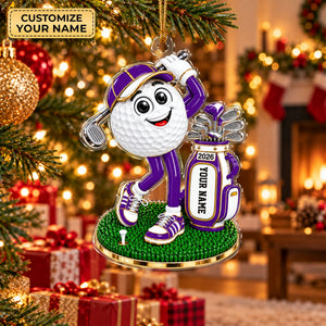 Custom Name Purple Golf Ball Mascot Acrylic Ornament, Christmas Gifts, Golfer Gifts