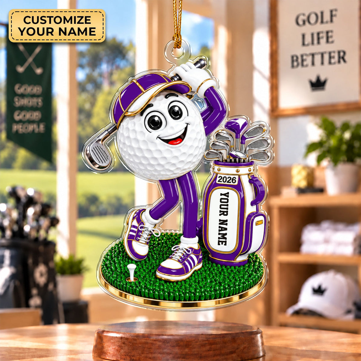 Custom Name Purple Golf Ball Mascot Acrylic Ornament, Christmas Gifts, Golfer Gifts