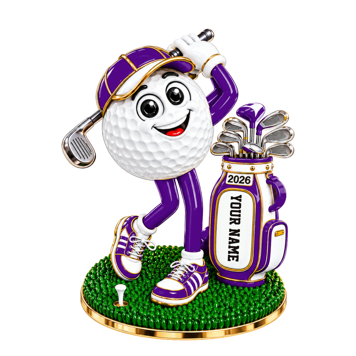 Custom Name Purple Golf Ball Mascot Acrylic Ornament, Christmas Gifts, Golfer Gifts
