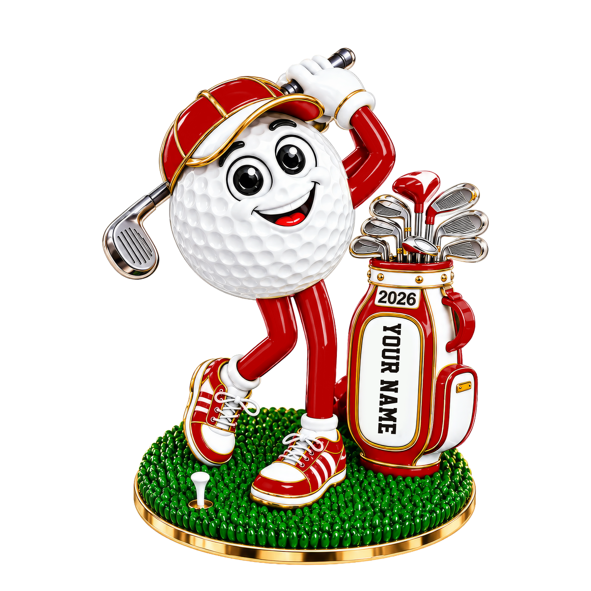 Custom Name Red Golf Ball Mascot Acrylic Ornament, Christmas Ornaments, Golf Gifts