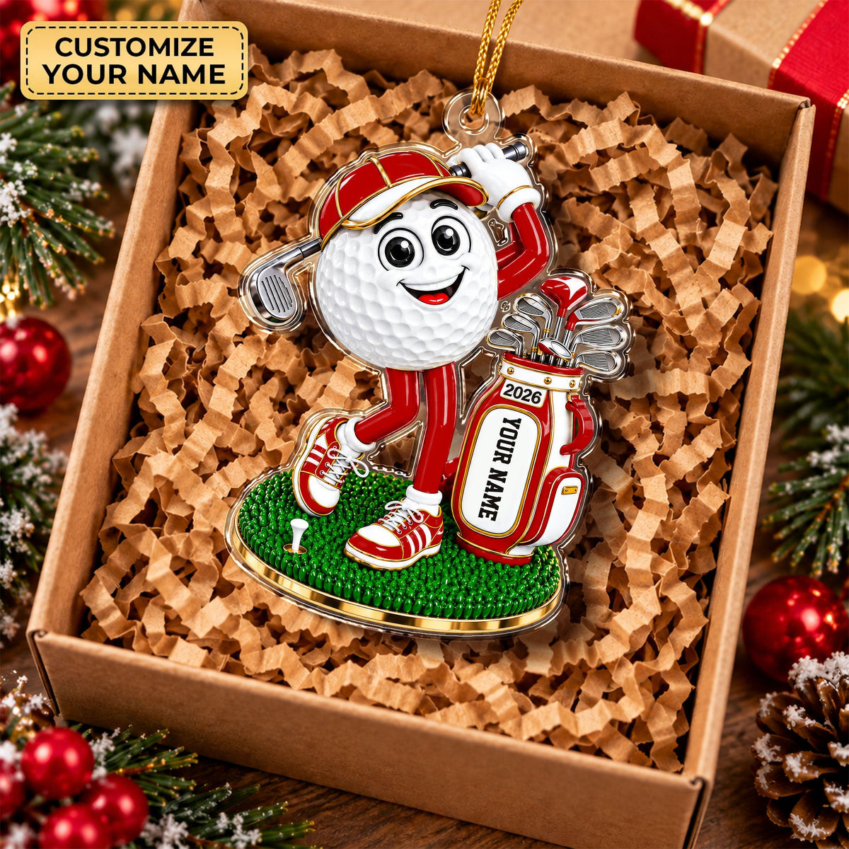 Custom Name Red Golf Ball Mascot Acrylic Ornament, Christmas Ornaments, Golf Gifts