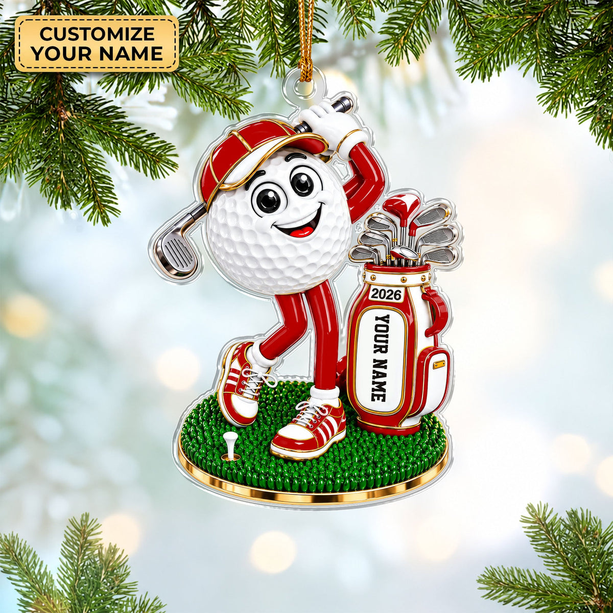 Custom Name Red Golf Ball Mascot Acrylic Ornament, Christmas Ornaments, Golf Gifts