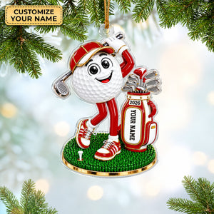 Custom Name Red Golf Ball Mascot Acrylic Ornament, Christmas Ornaments, Golf Gifts