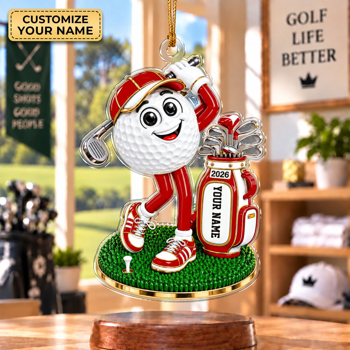 Custom Name Red Golf Ball Mascot Acrylic Ornament, Christmas Ornaments, Golf Gifts