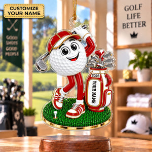 Custom Name Red Golf Ball Mascot Acrylic Ornament, Christmas Ornaments, Golf Gifts