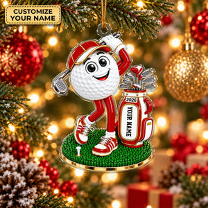 Custom Name Red Golf Ball Mascot Acrylic Ornament, Christmas Ornaments, Golf Gifts