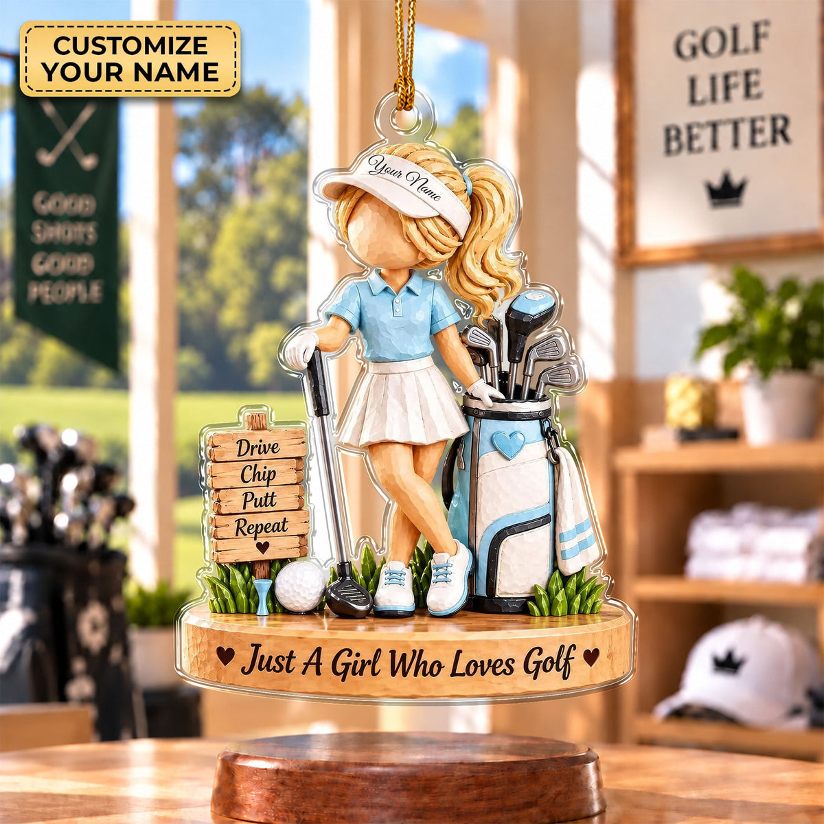 Custom Name Blue Golf Girl Acrylic Ornament, Christmas Tree Decor, Golfer Gifts