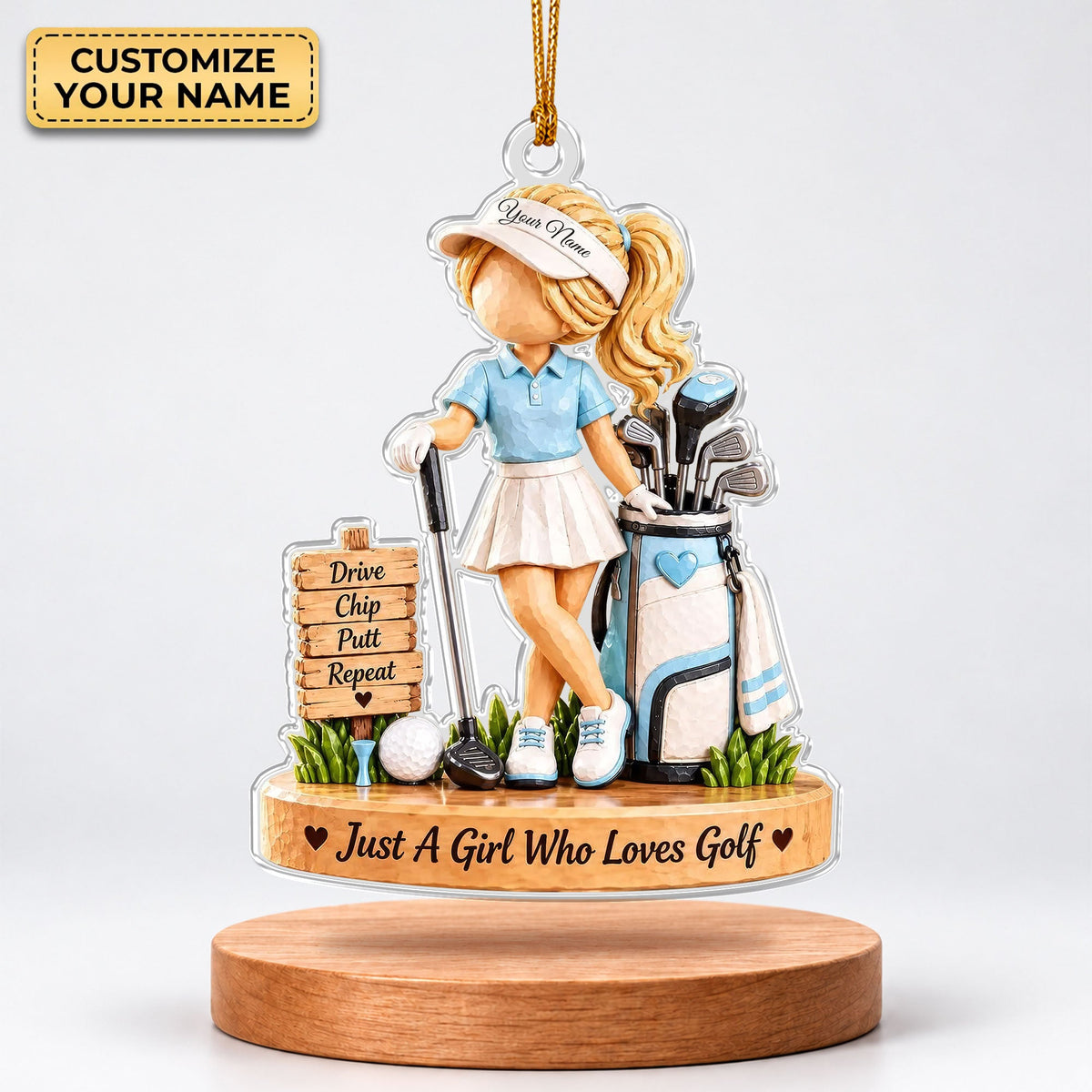 Custom Name Blue Golf Girl Acrylic Ornament, Christmas Tree Decor, Golfer Gifts