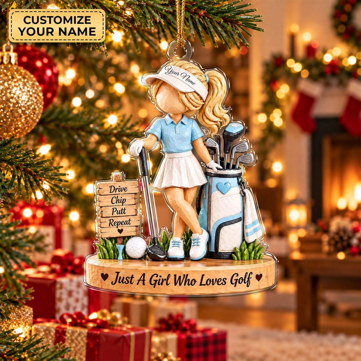 Custom Name Blue Golf Girl Acrylic Ornament, Christmas Tree Decor, Golfer Gifts