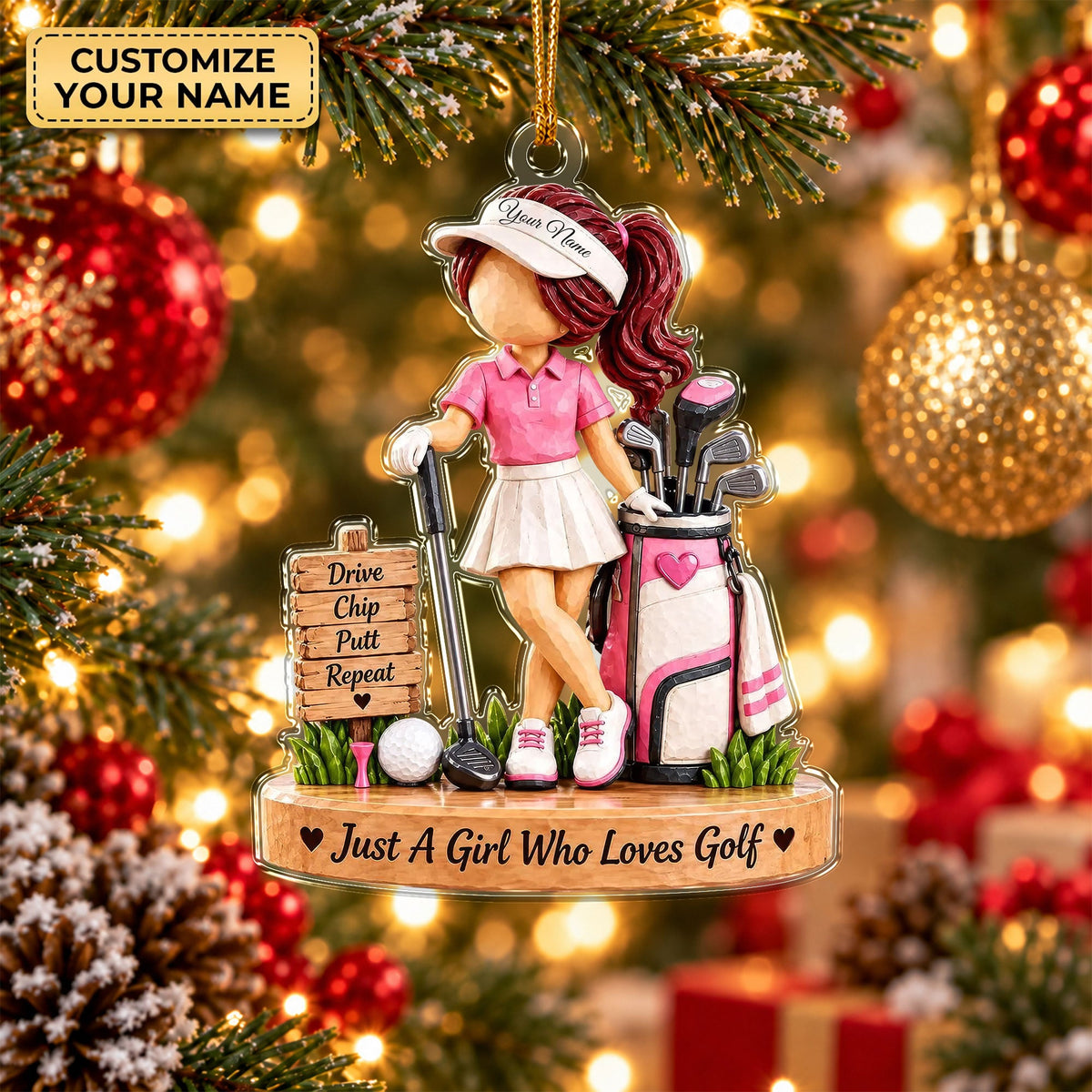 Custom Name Pink Golf Girl Acrylic Ornament, Christmas Ornaments, Golf Gifts