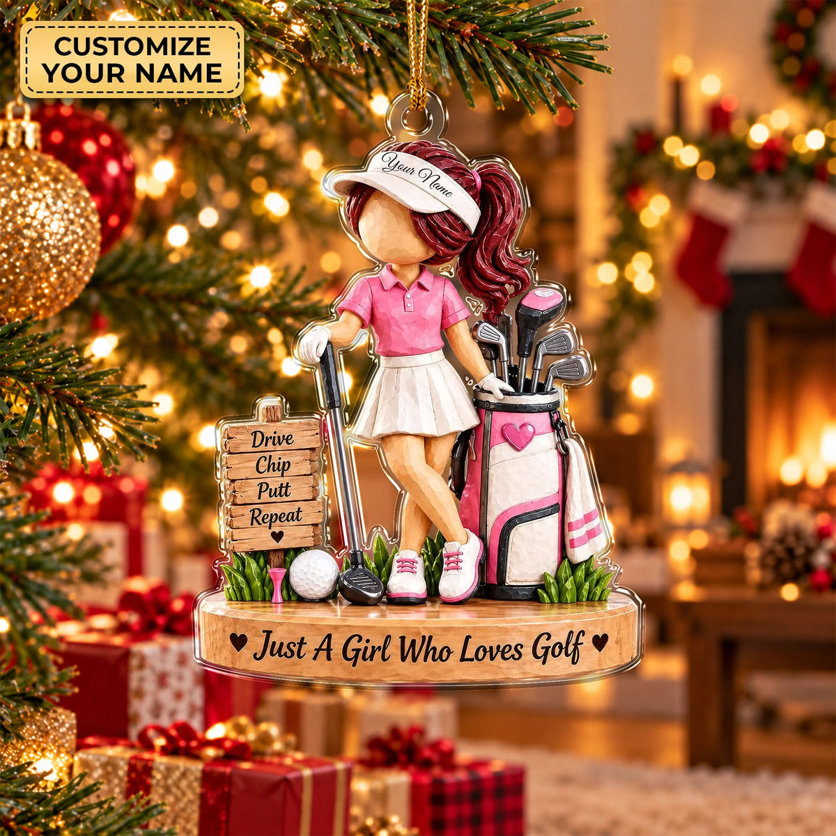 Custom Name Pink Golf Girl Acrylic Ornament, Christmas Ornaments, Golf Gifts