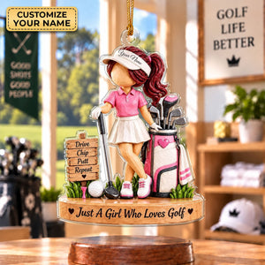 Custom Name Pink Golf Girl Acrylic Ornament, Christmas Ornaments, Golf Gifts