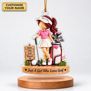 Custom Name Pink Golf Girl Acrylic Ornament, Christmas Ornaments, Golf Gifts