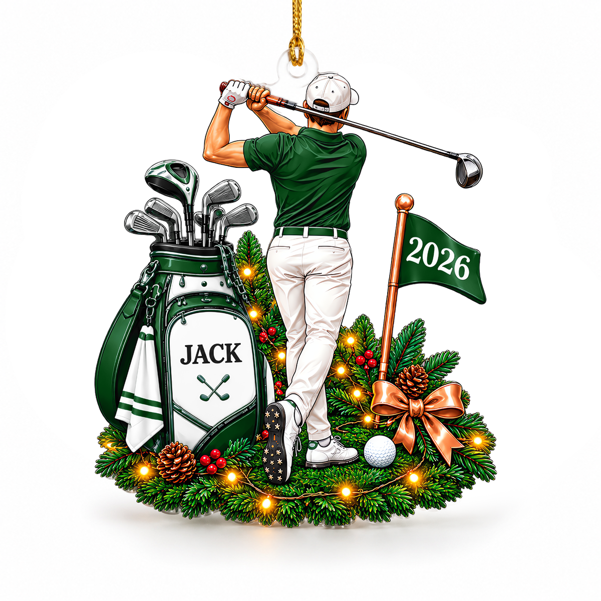 Custom Name Green Male Golfer Acrylic Ornament, Christmas Ornaments, Golf Gifts