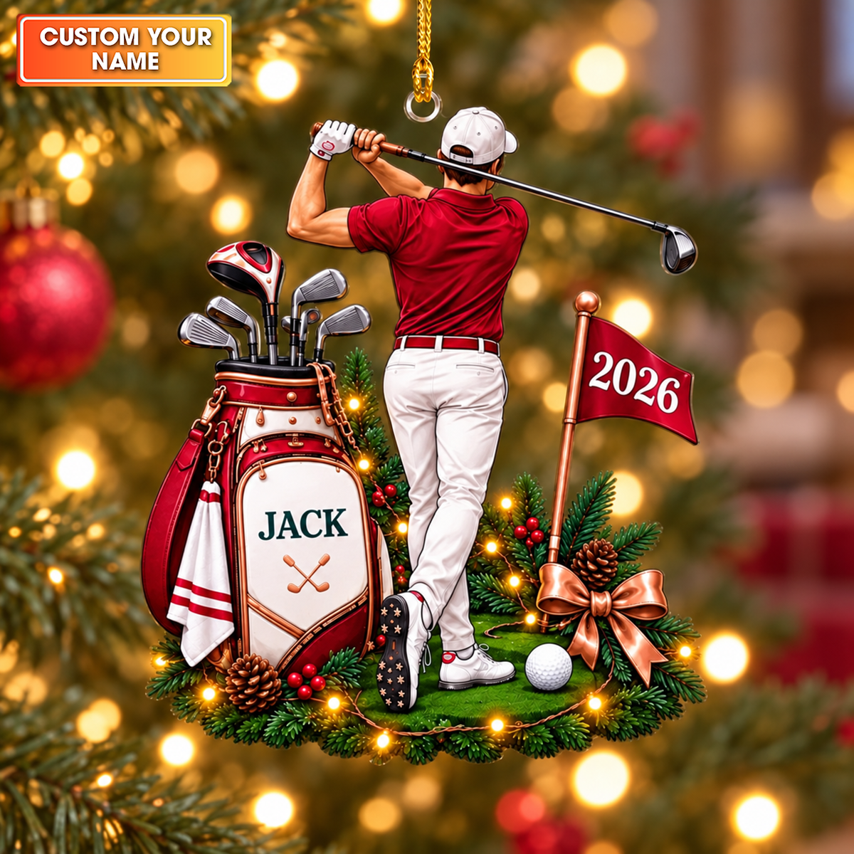 Custom Name Red Male Golfer Acrylic Ornament, Christmas Ornaments, Golf Gifts