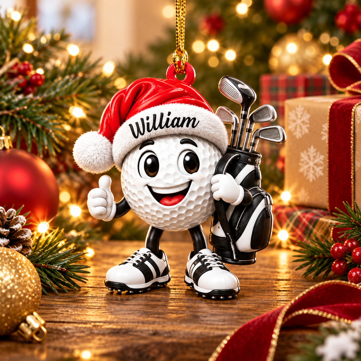 Custom Name Black Santa Hat Golf Ball Acrylic Ornament, Christmas Gifts, Golfer Gifts