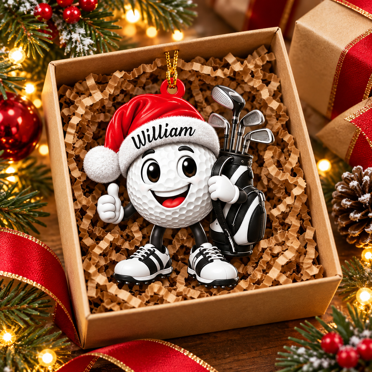 Custom Name Black Santa Hat Golf Ball Acrylic Ornament, Christmas Gifts, Golfer Gifts