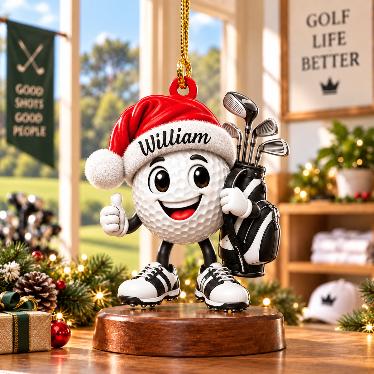 Custom Name Black Santa Hat Golf Ball Acrylic Ornament, Christmas Gifts, Golfer Gifts