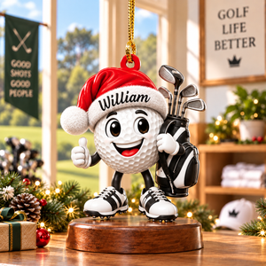 Custom Name Black Santa Hat Golf Ball Acrylic Ornament, Christmas Gifts, Golfer Gifts