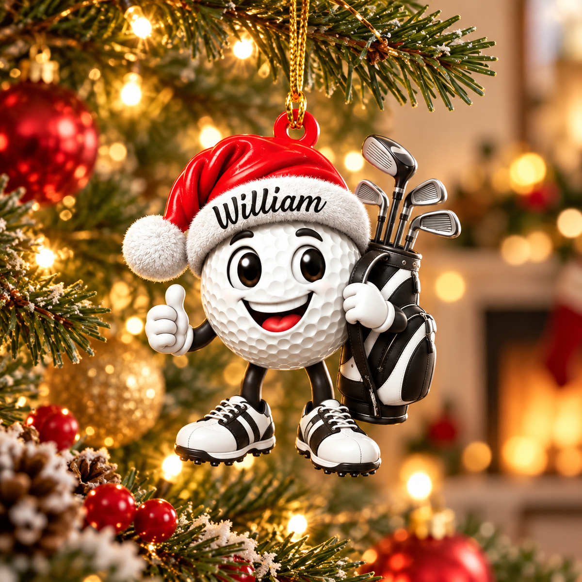 Custom Name Black Santa Hat Golf Ball Acrylic Ornament, Christmas Gifts, Golfer Gifts