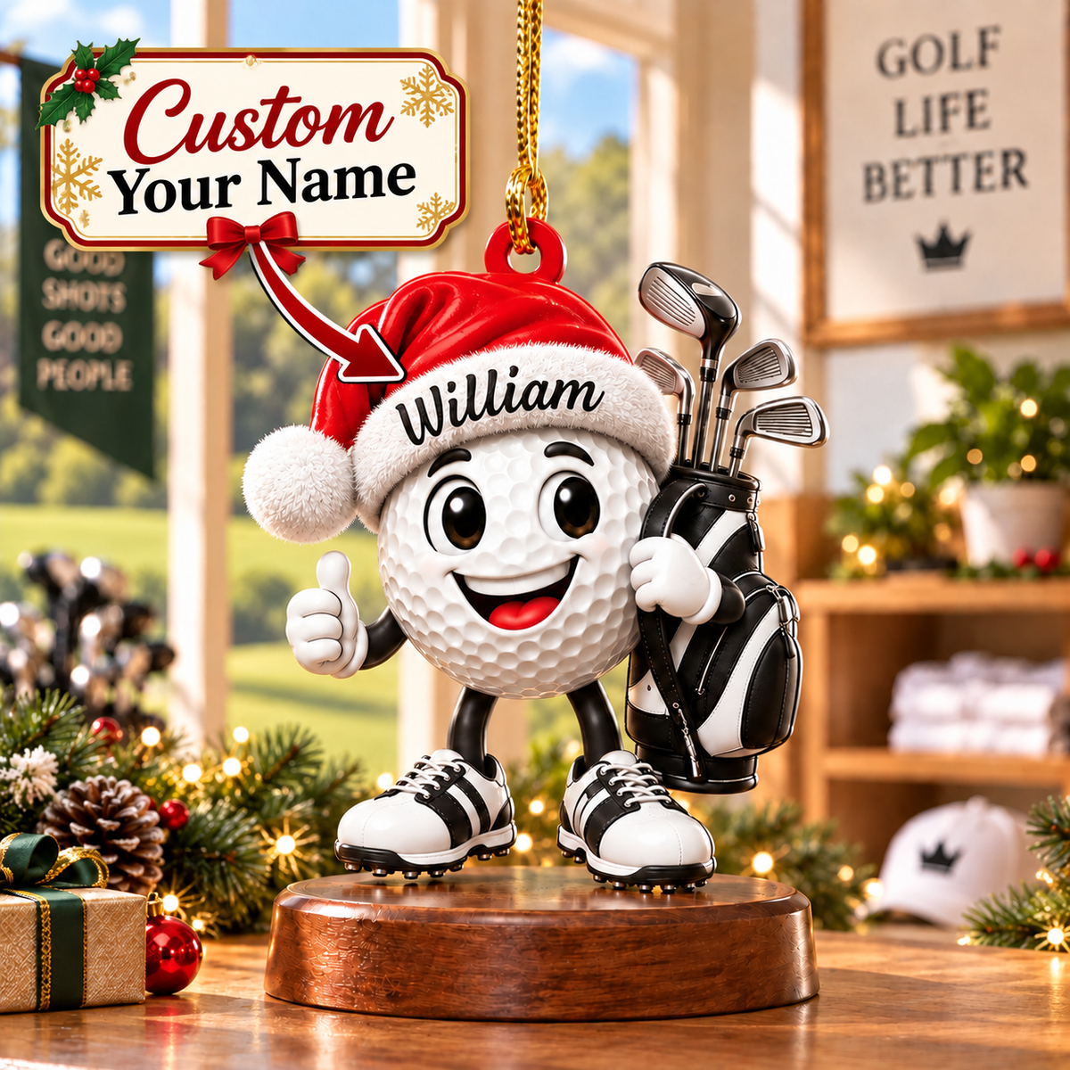 Custom Name Black Santa Hat Golf Ball Acrylic Ornament, Christmas Gifts, Golfer Gifts