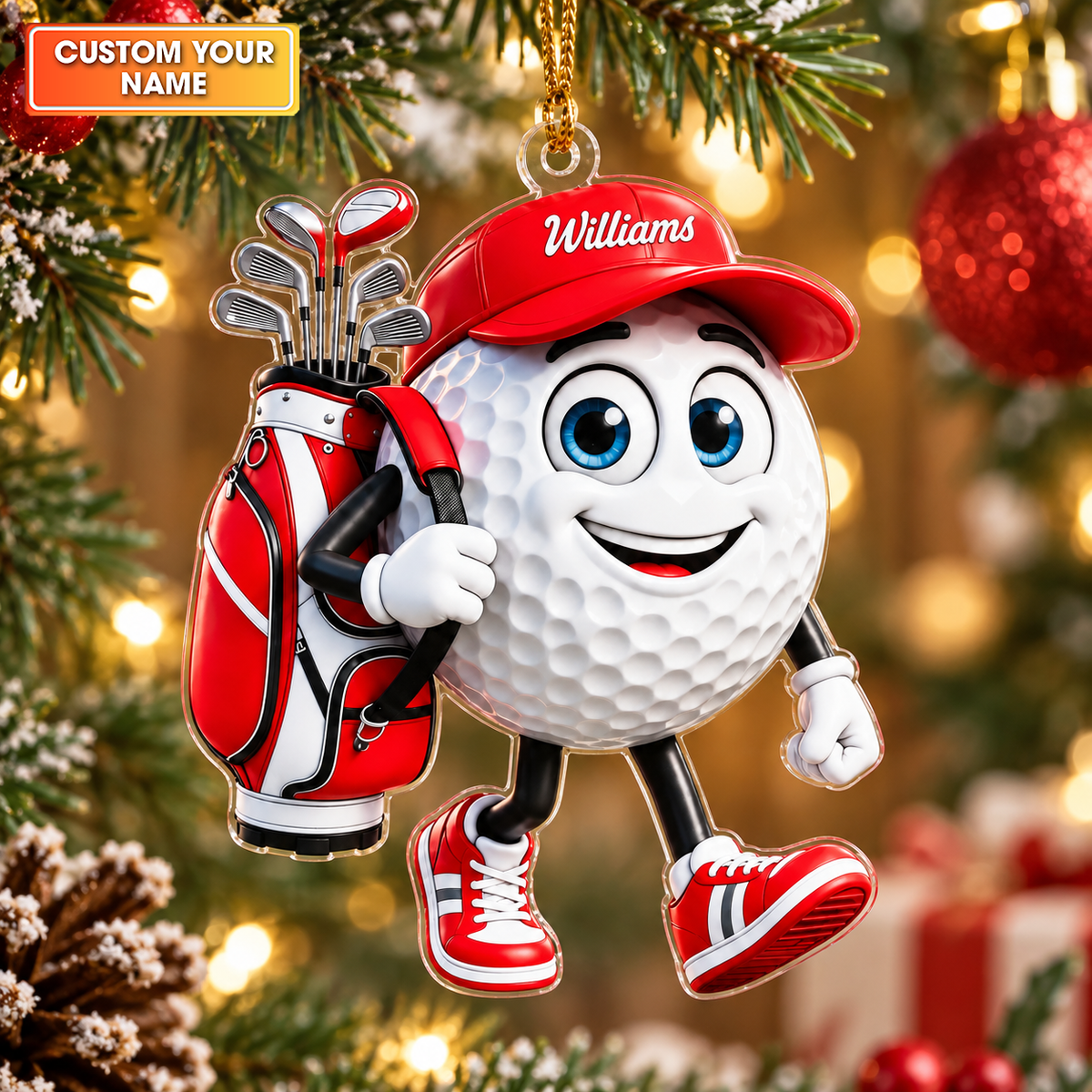 Custom Name Red Walking Golf Ball Acrylic Ornament, Christmas Gifts, Golfer Gifts