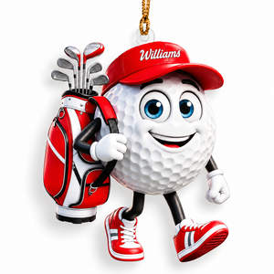 Custom Name Red Walking Golf Ball Acrylic Ornament, Christmas Gifts, Golfer Gifts