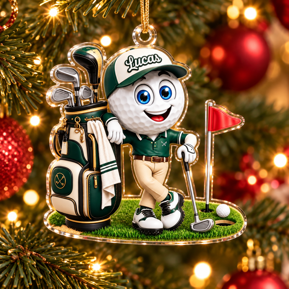 Custom Name Green Golf Ball Caddie Acrylic Ornament, Christmas Ornaments, Golf Gifts
