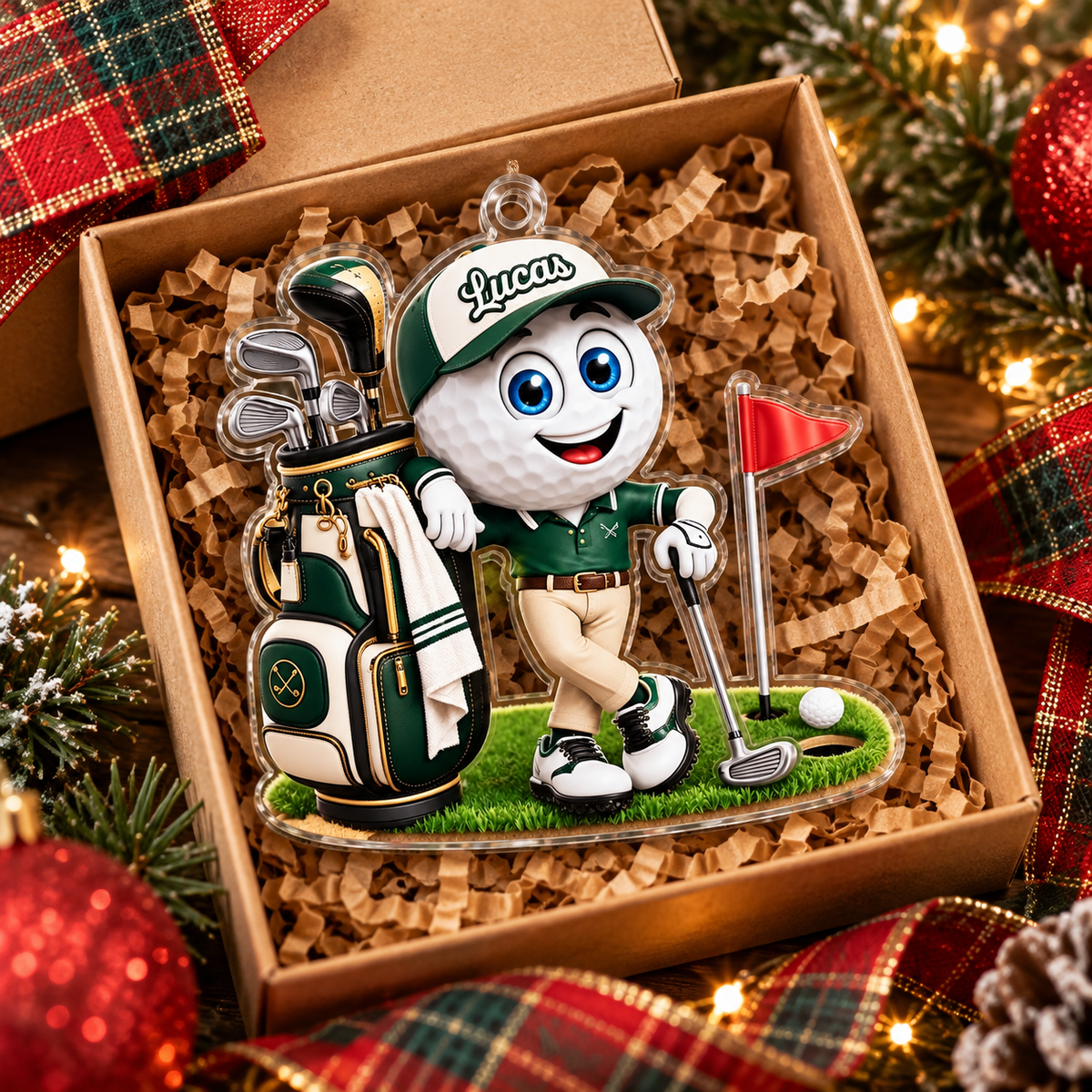 Custom Name Green Golf Ball Caddie Acrylic Ornament, Christmas Ornaments, Golf Gifts