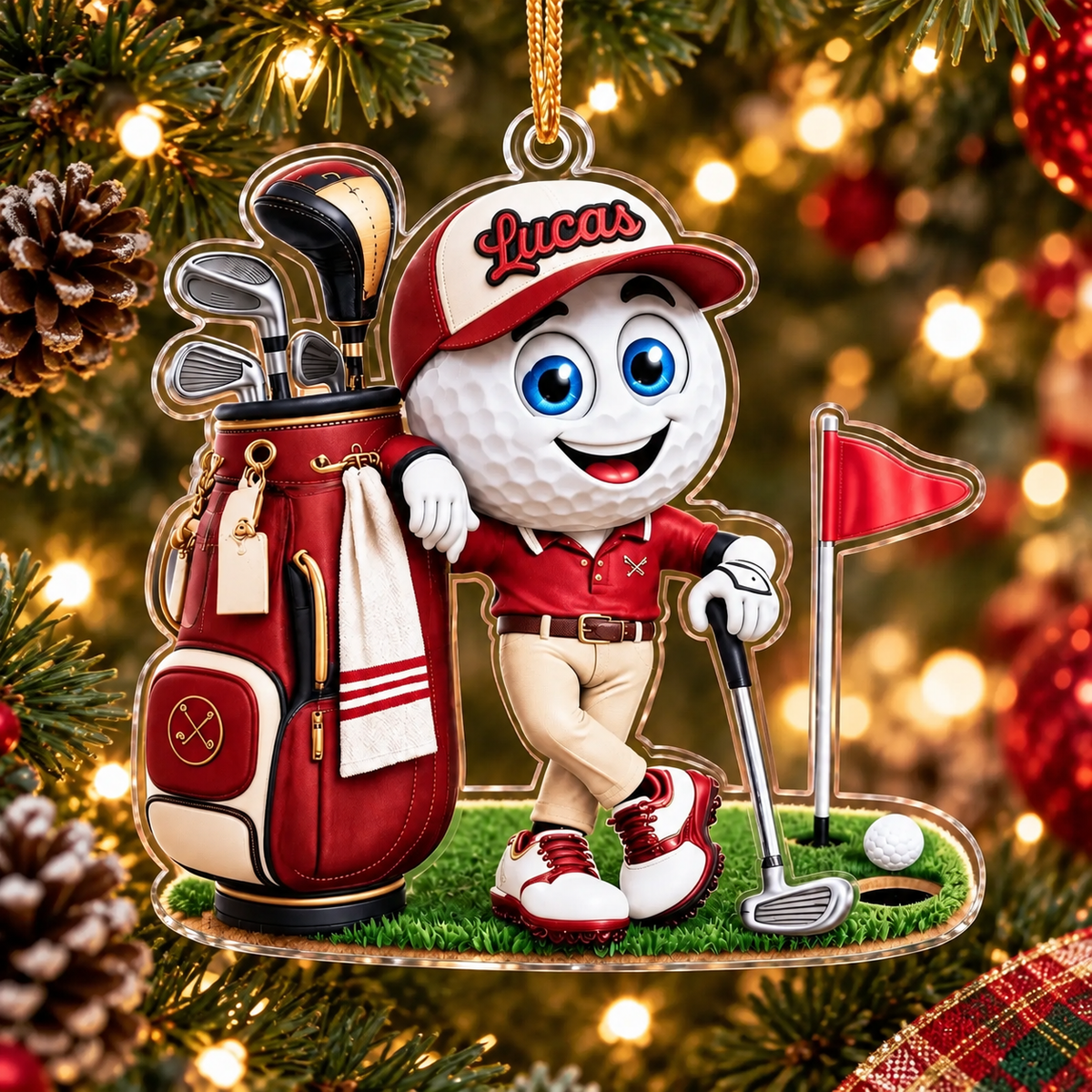 Custom Name Red Golf Ball Caddie Acrylic Ornament, Christmas Tree Decor, Golfer Gifts