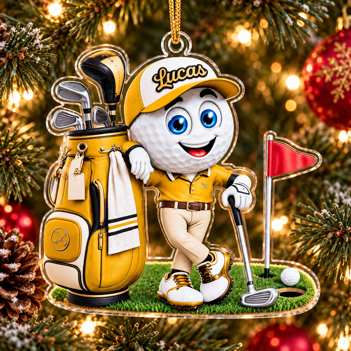 Custom Name Yellow Golf Ball Caddie Acrylic Ornament, Christmas Ornaments, Golf Gifts