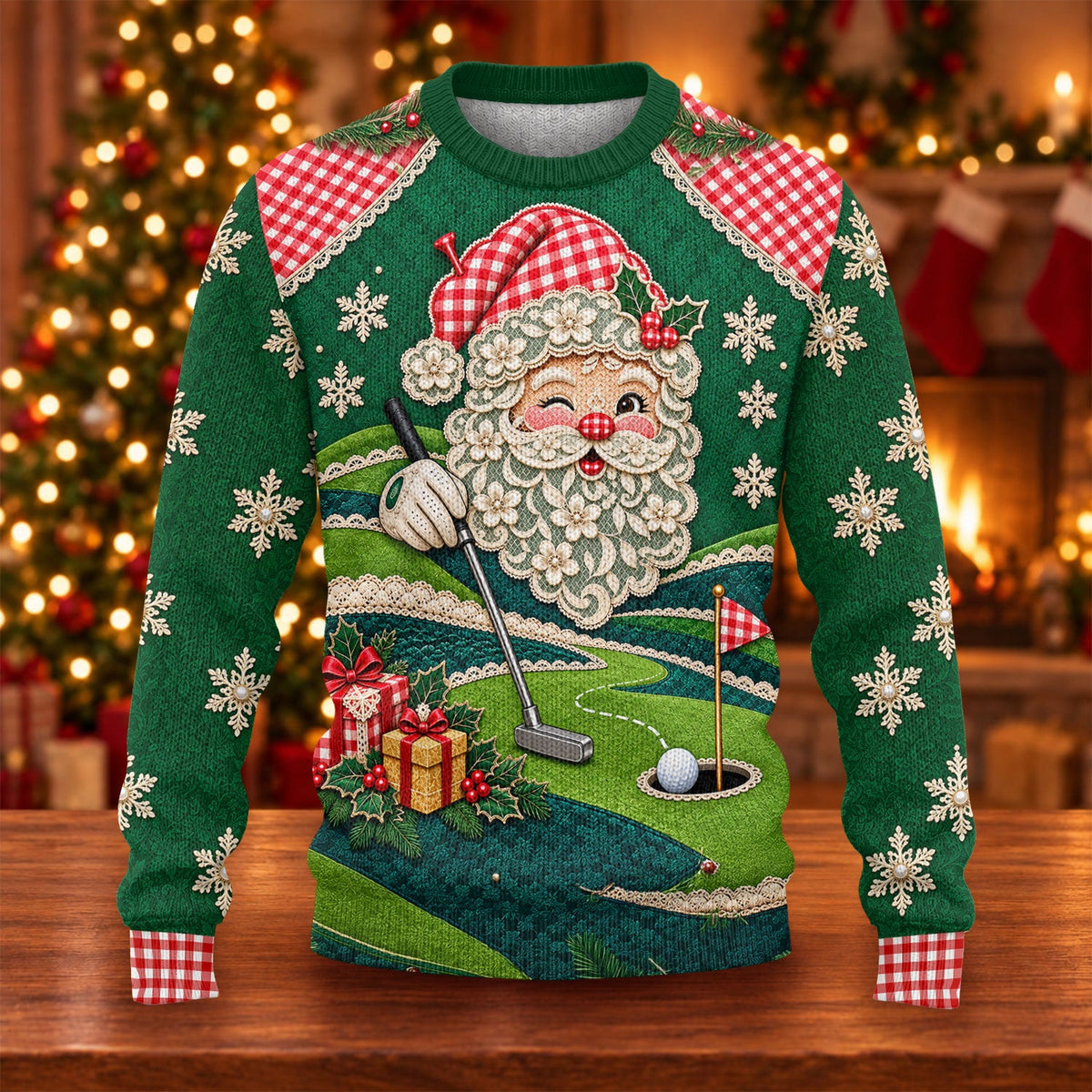 Winking Santa Golf Green Ugly Christmas Sweater, Ugly Sweater Party, Golf Lover Gifts