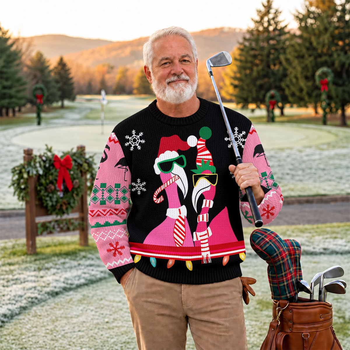 Pink Flamingo Santa Hat Ugly Christmas Sweater, Golf Lover Gifts, Christmas Golf Gift