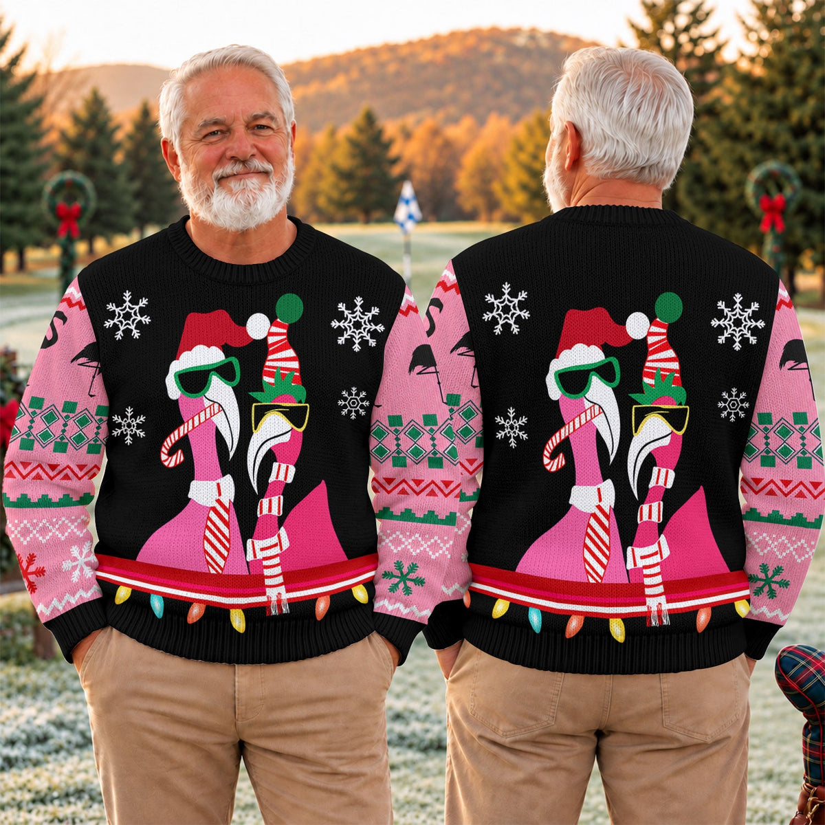 Pink Flamingo Santa Hat Ugly Christmas Sweater, Golf Lover Gifts, Christmas Golf Gift