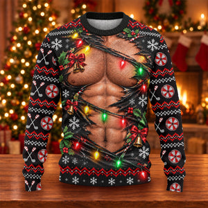 Ripped Muscle Abs Lights Ugly Christmas Sweater, Funny Xmas Gift, Christmas Golf Gift
