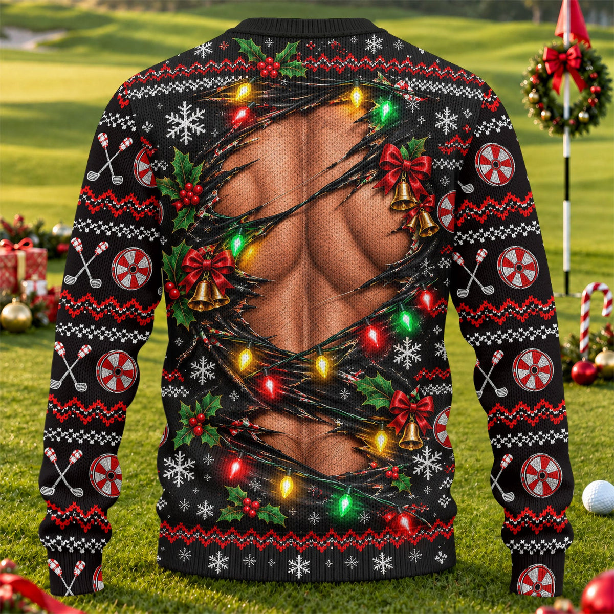 Ripped Muscle Abs Lights Ugly Christmas Sweater, Funny Xmas Gift, Christmas Golf Gift
