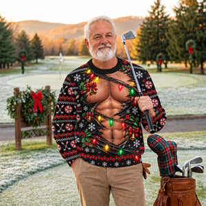 Ripped Muscle Abs Lights Ugly Christmas Sweater, Funny Xmas Gift, Christmas Golf Gift