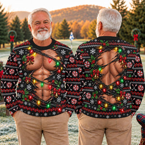 Ripped Muscle Abs Lights Ugly Christmas Sweater, Funny Xmas Gift, Christmas Golf Gift