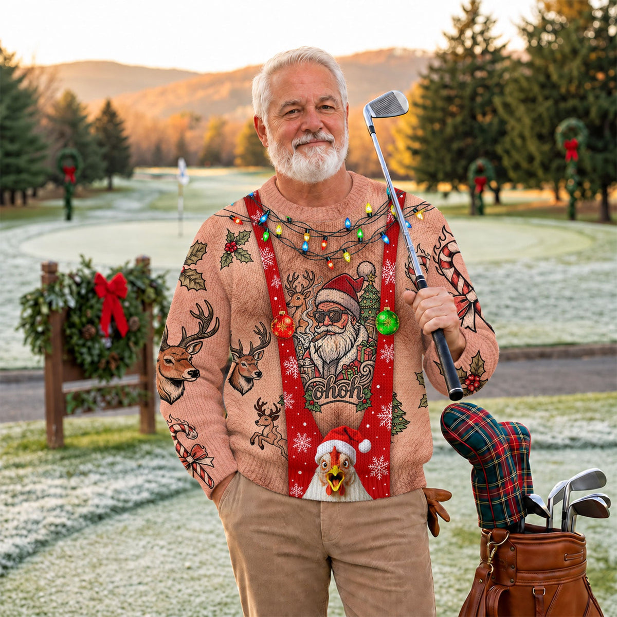 Santa Suspenders Tattoo Ugly Christmas Sweater, Golf Lover Gifts, Christmas Gifts