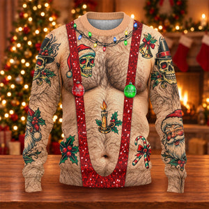 Santa Skull Hairy Chest Ugly Christmas Sweater, Ugly Sweater Party, Funny Xmas Gift