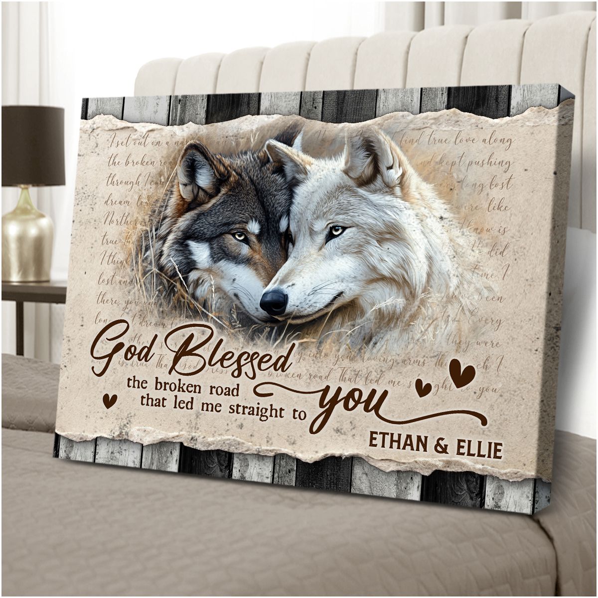 God Bless The Broken Road Canvas Print Wall Art, Wolf Couple Canvas Prints, Couple Valentines Gift