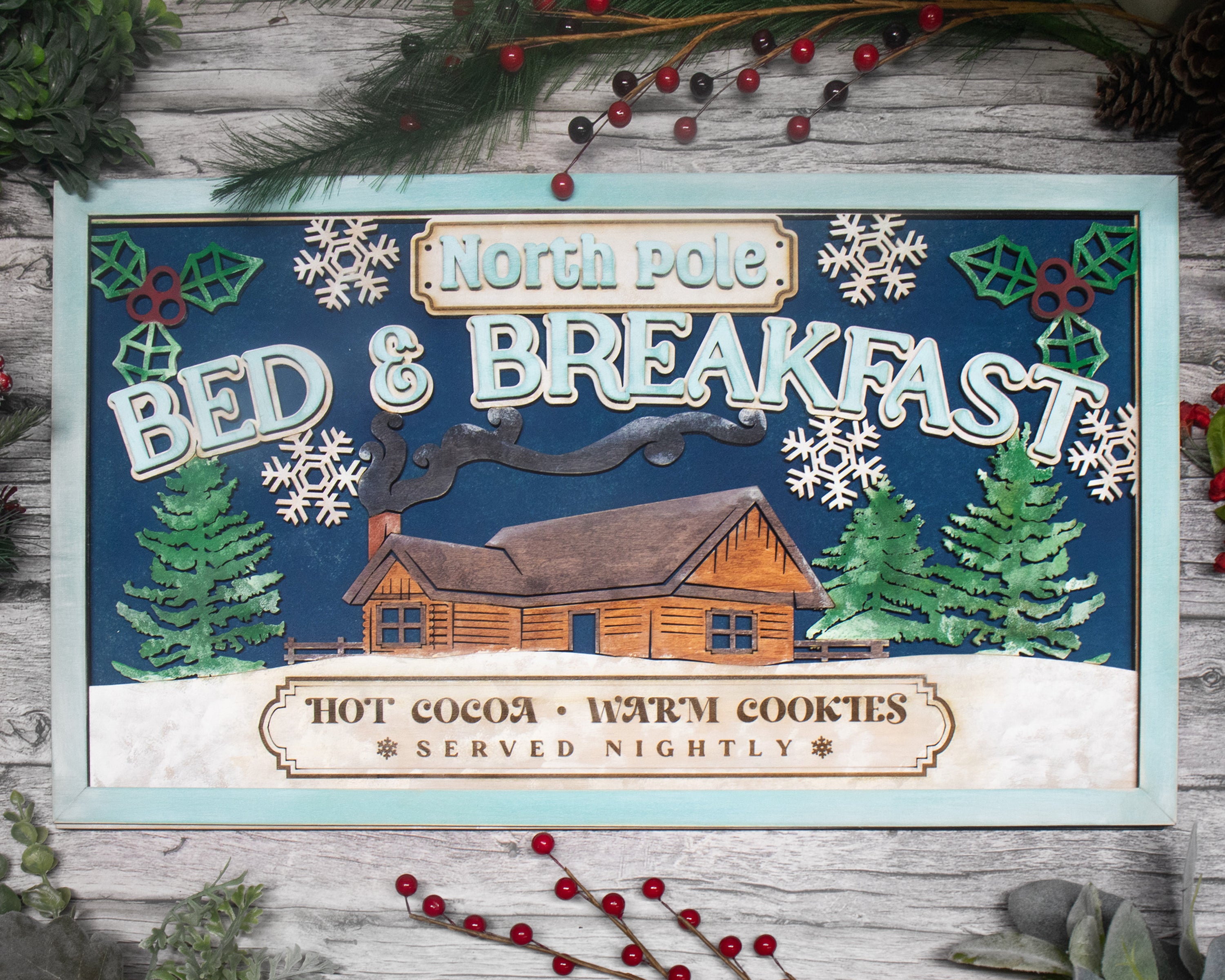 North Pole Bed and Breakfast Personalized Christmas Wood Sign, Holiday Decor