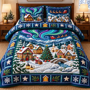 Aurora Christmas Village Quilted Bedding Set - quilted bedding set