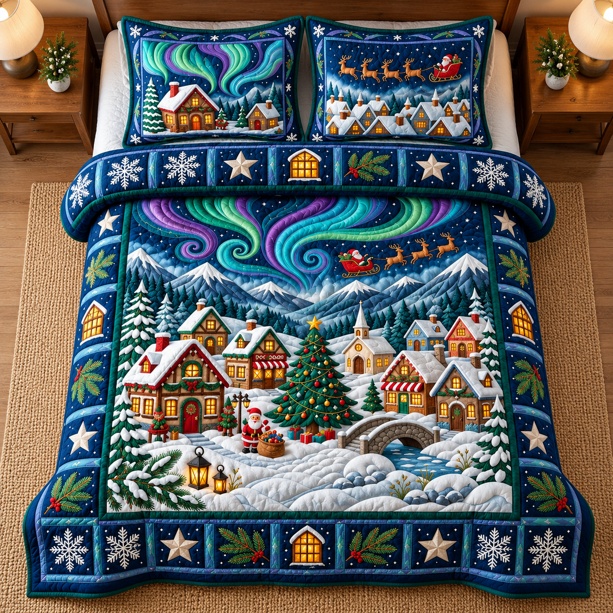 Aurora Christmas Village Quilted Bedding Set - quilted bedding set close-up