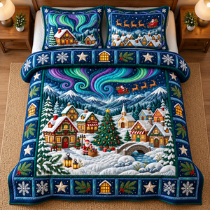 Aurora Christmas Village Quilted Bedding Set - quilted bedding set close-up